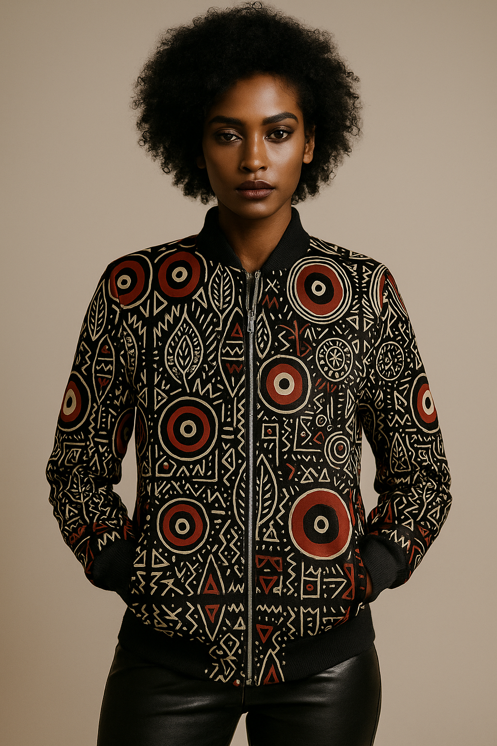 Mannequin afro-métis portant le blouson de créateur Mubèni de la collection Libreville Royale, photographie de mode en studio sur fond neutre, style afro-luxe et mystique.