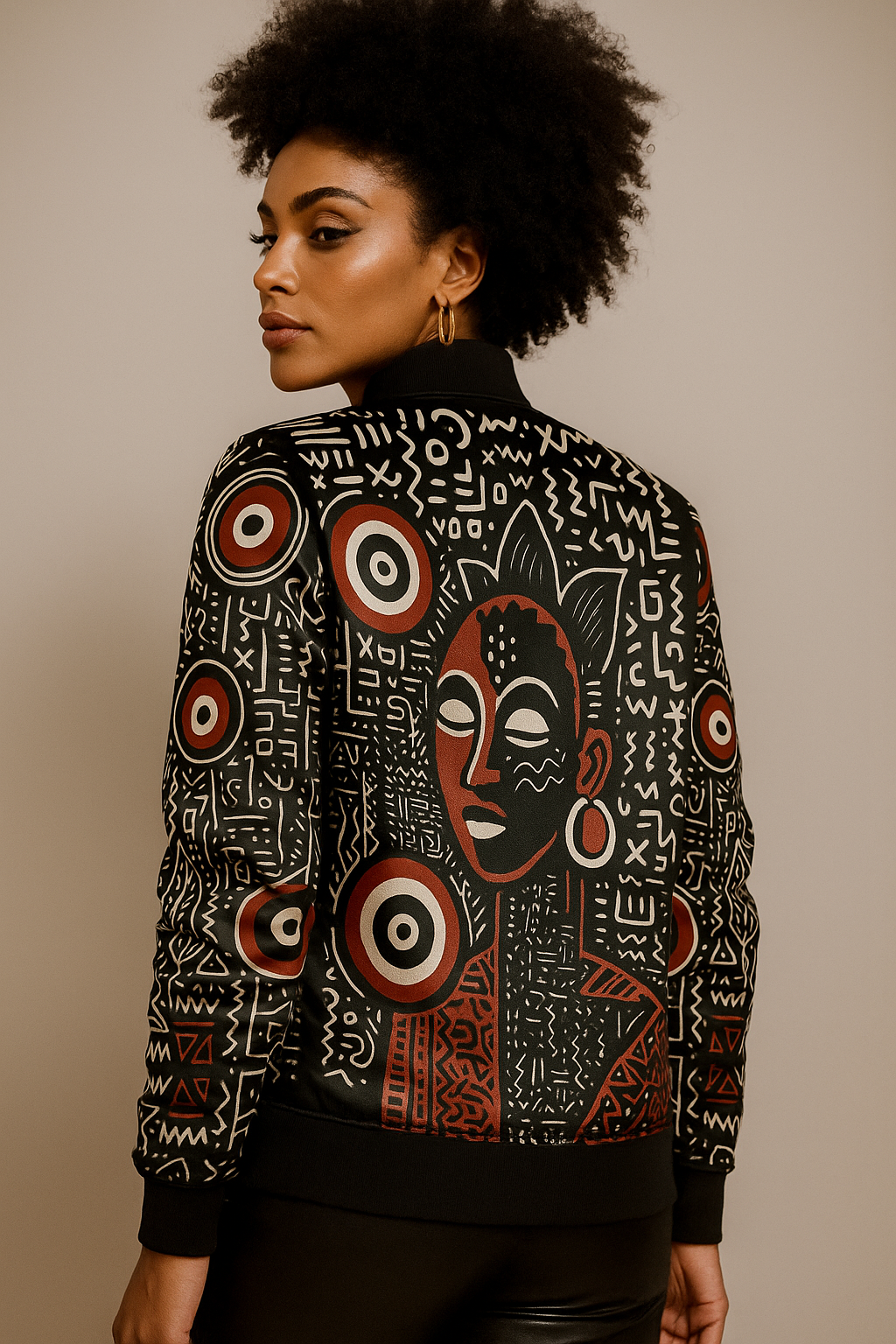 Mannequin afro-métis portant le blouson de créateur Mubèni de la collection Libreville Royale, photographie de mode en studio sur fond neutre, style afro-luxe et mystique.