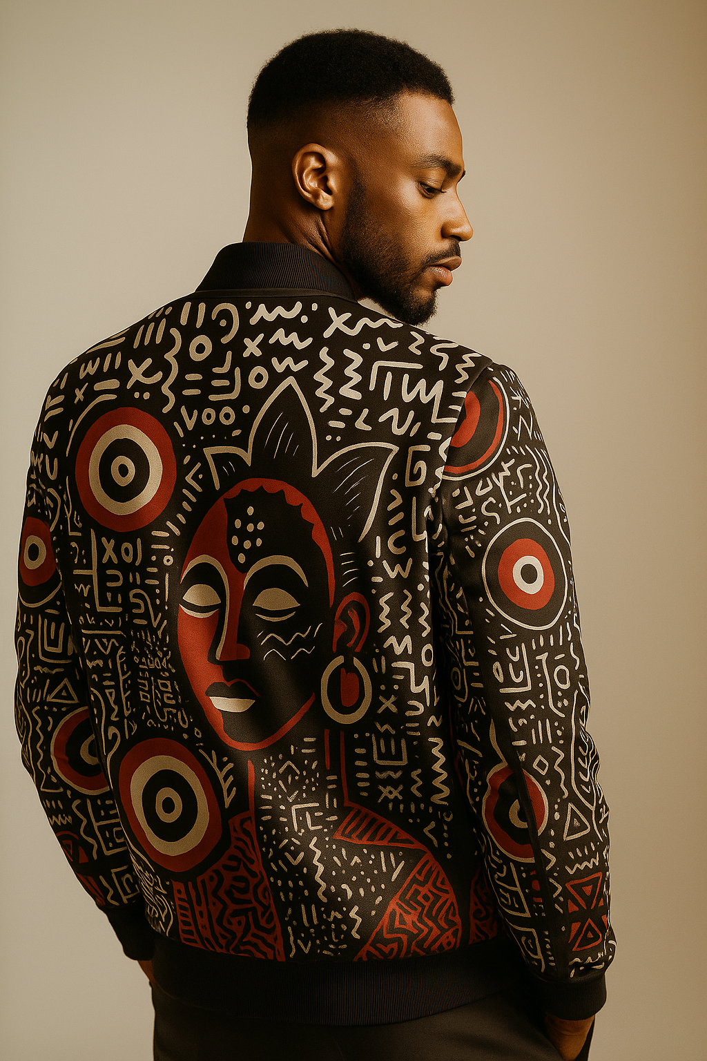 Mannequin afro-métis portant le blouson de créateur Mubèni de la collection Libreville Royale, photographie de mode en studio sur fond neutre, style afro-luxe et mystique.