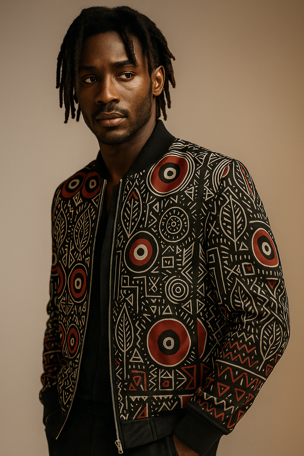 Mannequin afro-métis portant le blouson de créateur Mubèni de la collection Libreville Royale, photographie de mode en studio sur fond neutre, style afro-luxe et mystique.