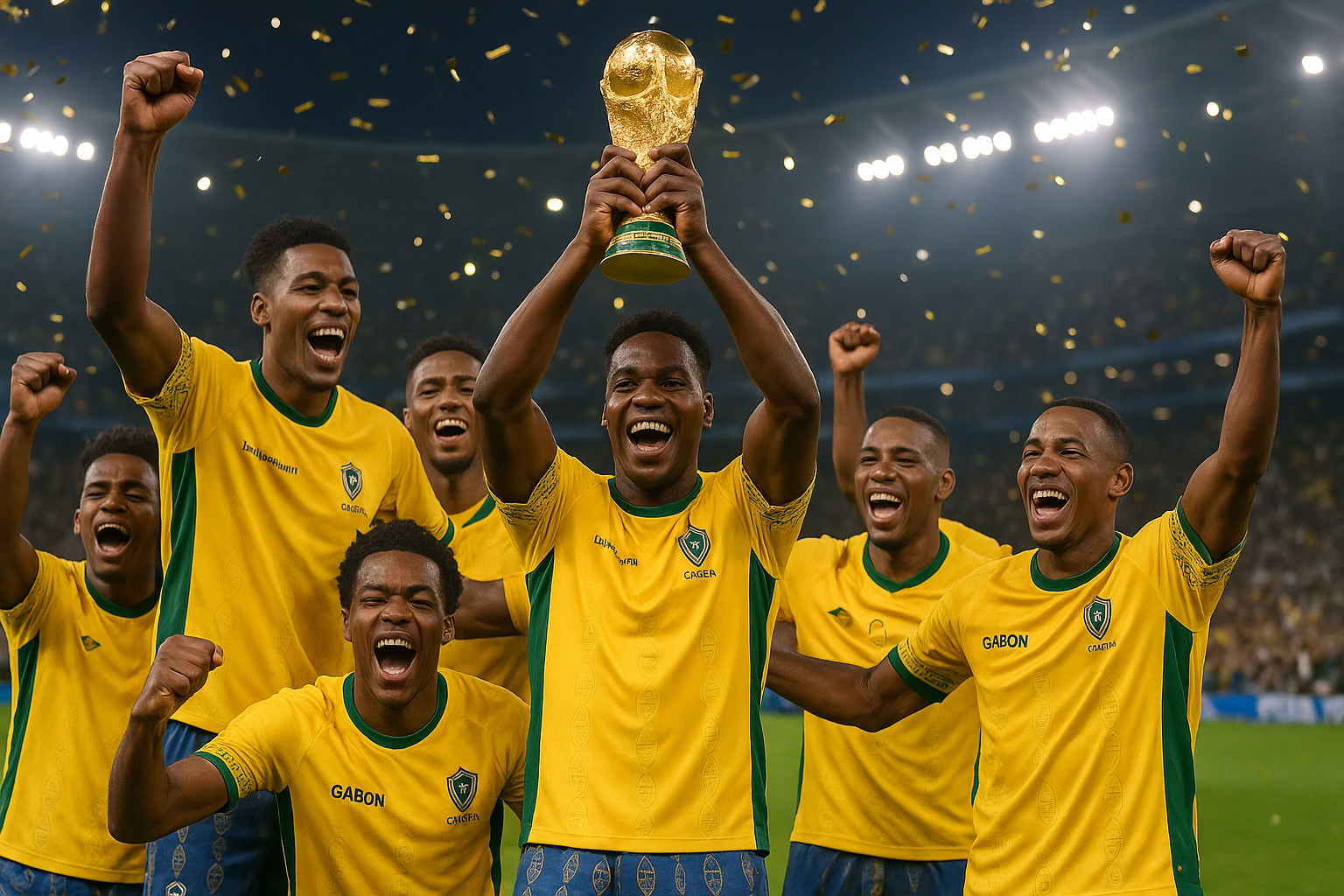 Des joueurs de l’équipe nationale du Gabon, vêtus de maillots jaunes aux détails verts, célèbrent leur triomphe sur le terrain. L’un d’eux brandit fièrement la Coupe du Monde sous une pluie de confettis dorés, entouré de ses coéquipiers en liesse, symbolisant fierté, unité et gloire nationale.Des joueurs de l’équipe nationale du Gabon, vêtus de maillots jaunes aux détails verts, célèbrent leur triomphe sur le terrain. L’un d’eux brandit fièrement la Coupe du Monde sous une pluie de confettis dorés, entouré 