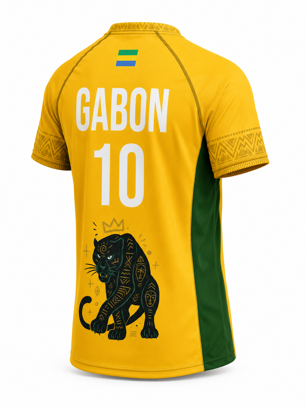 Une vision complète de la création mettant en lumière les finitions, les motifs exclusifs et l'illustration emblématique de la panthère du Gabon.