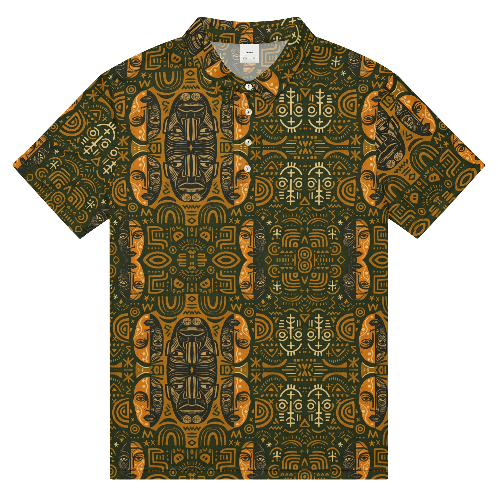 Collection Rituels Solaires. Polo de luxe imprimé all-over avec motifs solaires et ethniques en tons or et vert profond, coupe cintrée et élégante.