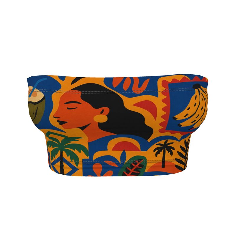 Vue du bandeau Isla Sol porté en top, avec imprimé coloré exclusif, coupe droite et finition doublée — pièce estivale chic de la marque Elisabeth Akaia Kaï.