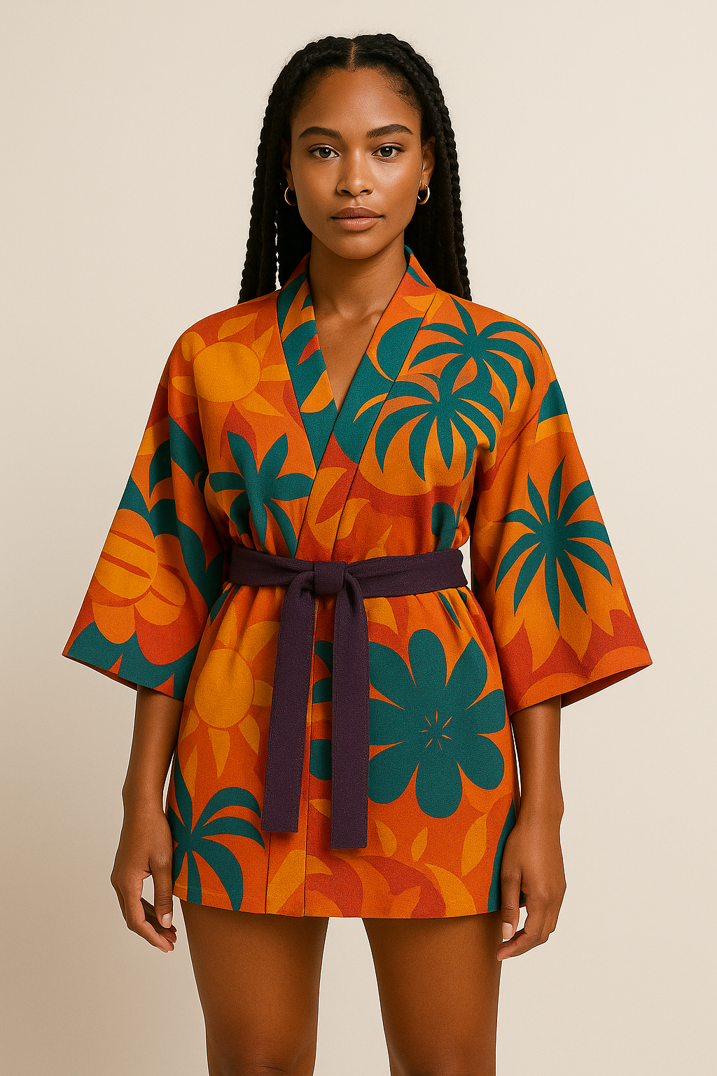 Une femme jeune à la peau matte porte le kimono Palma Aurea, au motif tropical lumineux, sur une plage bordée de végétation exotique. Elle incarne la grâce et la chaleur solaire de la collection Élisabeth Akaïa Kaï.
