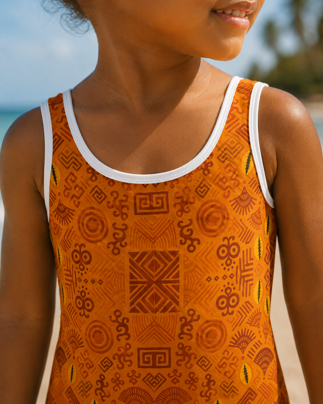 Gros plan sur le tissu du maillot de bain Luma revelant la finesse des motifs inspires de l'art africain, la qualite d'impression et les finitions premium.