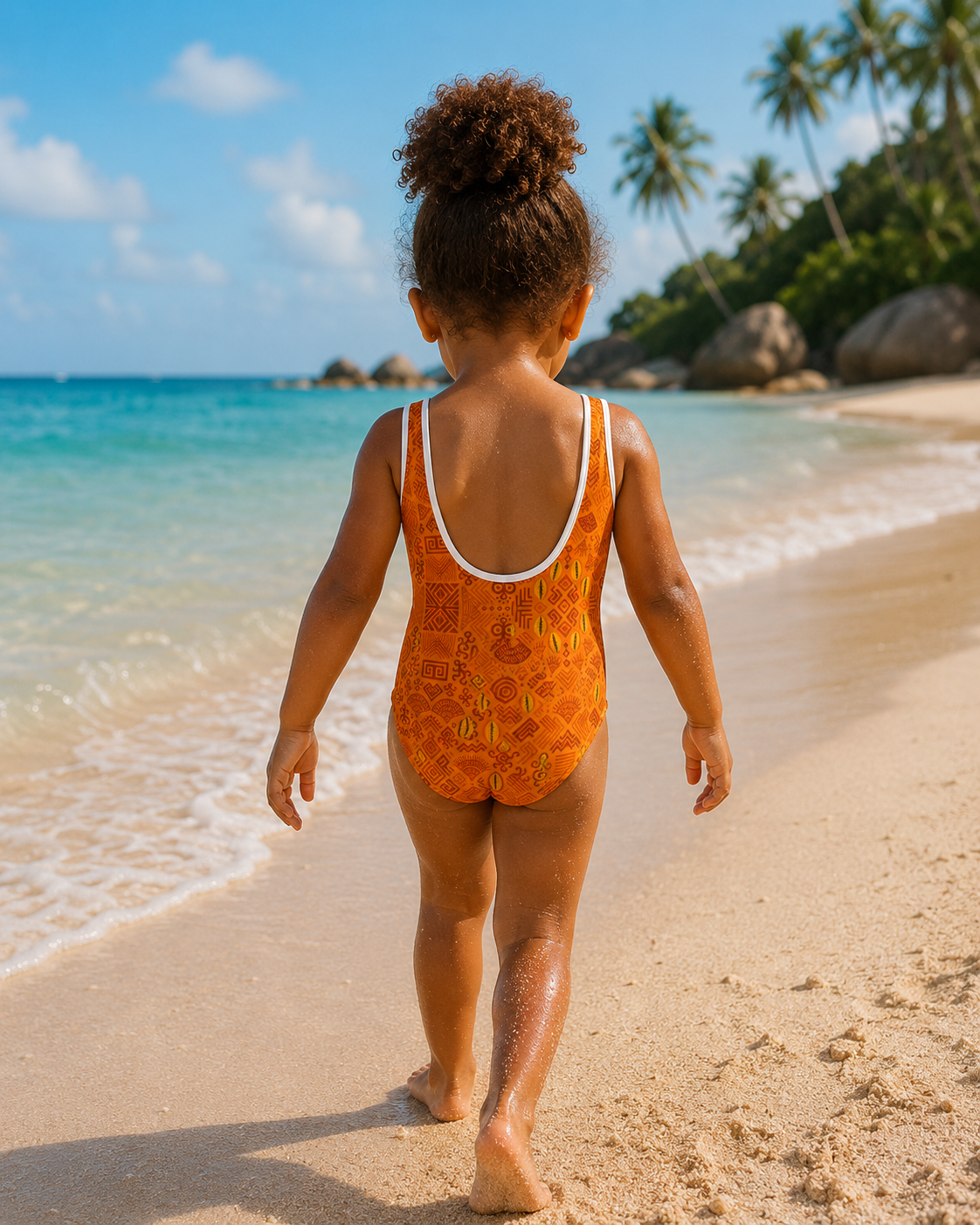 Vue arriere du maillot de bain une piece Luma mettant en valeur sa coupe confortable, ses finitions soignees et son imprime exclusif signe Elisabeth Akaia Kai.
