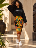 Éditorial de mode afro-luxe : mannequin en sweat court à capuche noir EAK et jupe crayon à imprimé pictural multicolore.