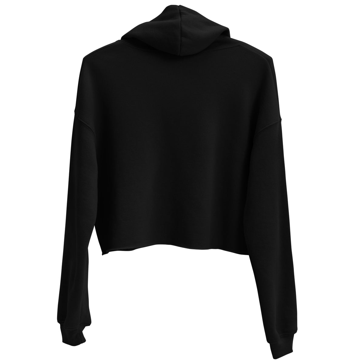 Vue de dos du hoodie court pour femme EAK, coloris noir, montrant la capuche et le bas raccourci du sweat.
