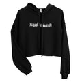 Vue de face du sweat à capuche court EAK pour femme, coloris noir, avec épaules tombantes, cordons assortis et coupe crop.