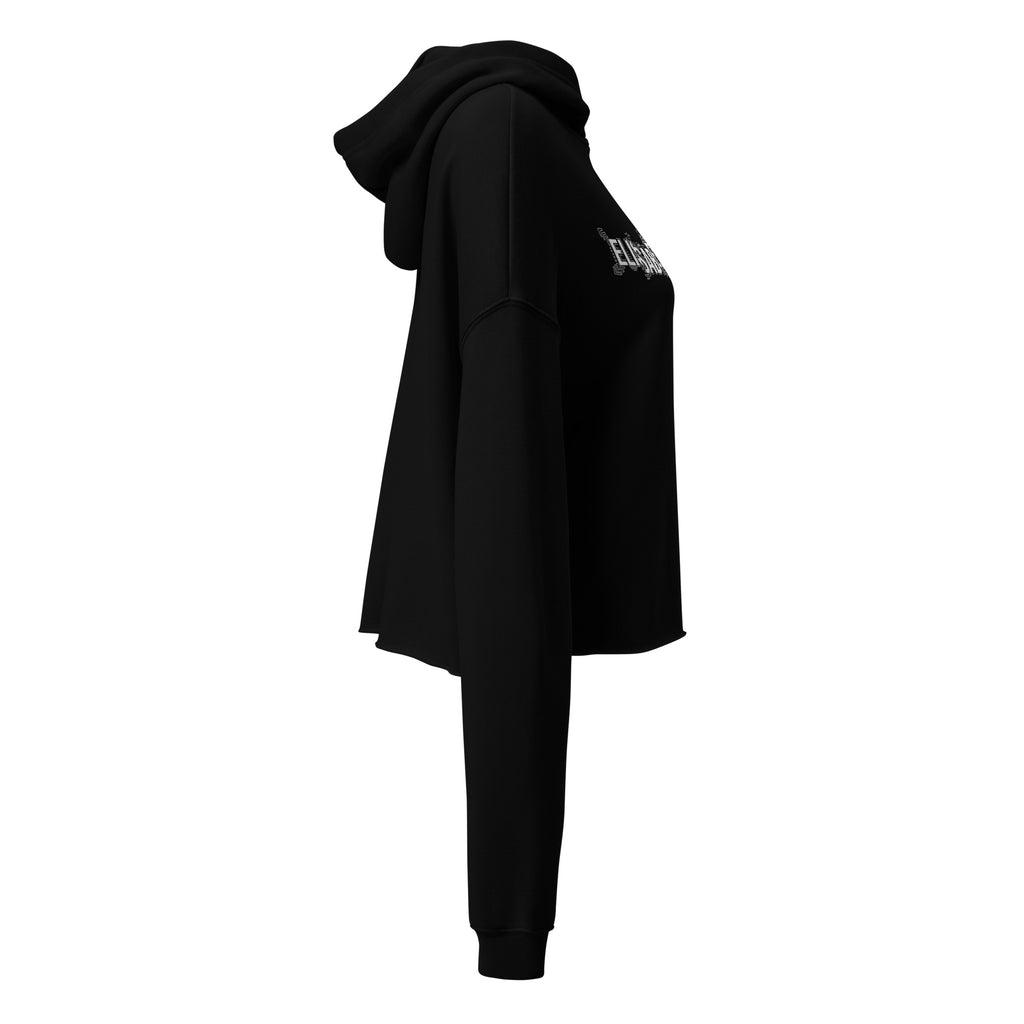 Vue de profil droit du sweat crop à capuche EAK pour femme, coloris noir, mettant en valeur les manches longues et la coupe ample.