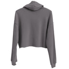 Vue de dos du hoodie court pour femme EAK, coloris Tempête, montrant la capuche et le bas raccourci du sweat.