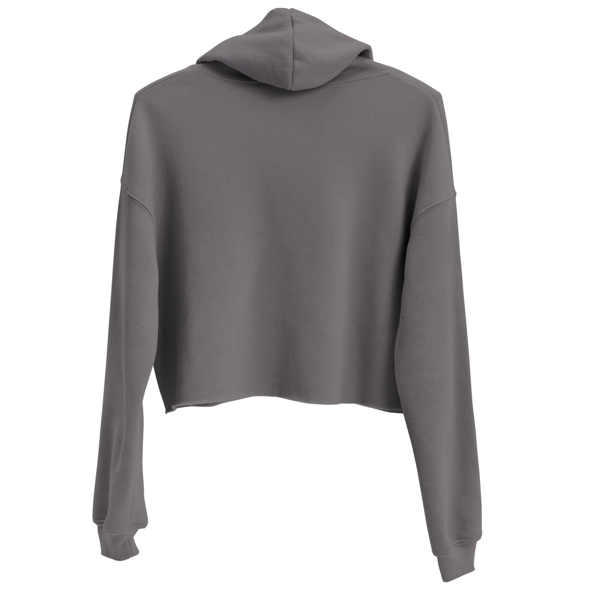 Vue de dos du hoodie court pour femme EAK, coloris Tempête, montrant la capuche et le bas raccourci du sweat.