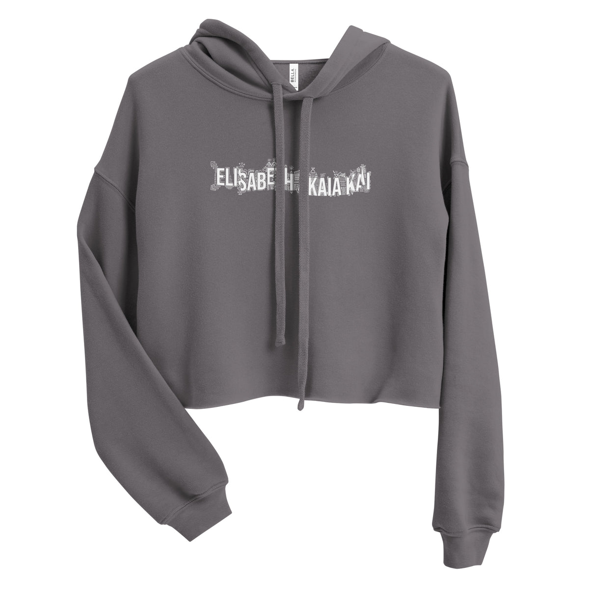Vue de face du sweat à capuche court EAK pour femme, coloris Tempête, avec épaules tombantes, cordons assortis et coupe crop.