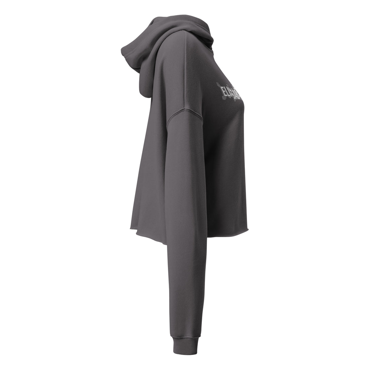 Vue de profil droit du sweat crop à capuche EAK pour femme, coloris Tempête, mettant en valeur les manches longues et la coupe ample.