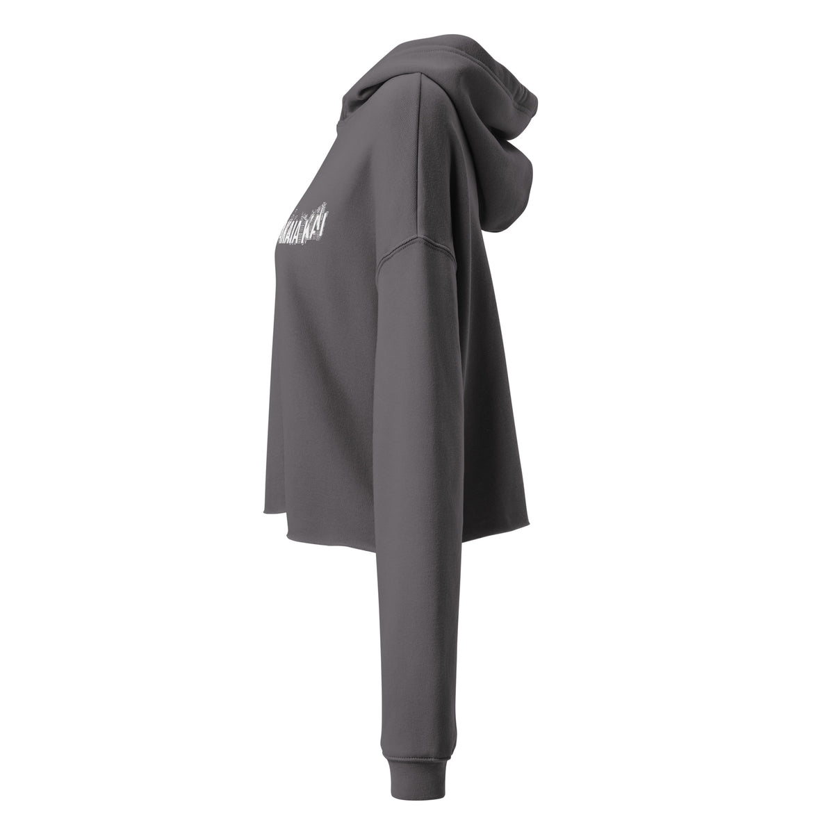 Vue de profil gauche du sweat court à capuche femme EAK, coloris Tempête, avec épaules descendues et ourlet brut.
