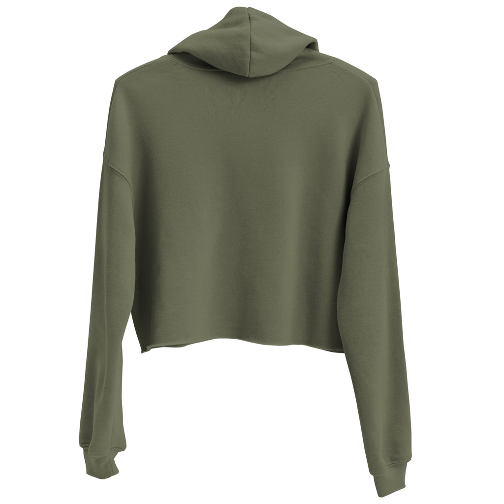 Vue de dos du hoodie court pour femme EAK, coloris vert militaire, montrant la capuche et le bas raccourci du sweat.