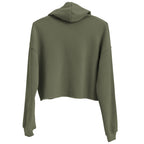 Vue de dos du hoodie court pour femme EAK, coloris vert militaire, montrant la capuche et le bas raccourci du sweat.