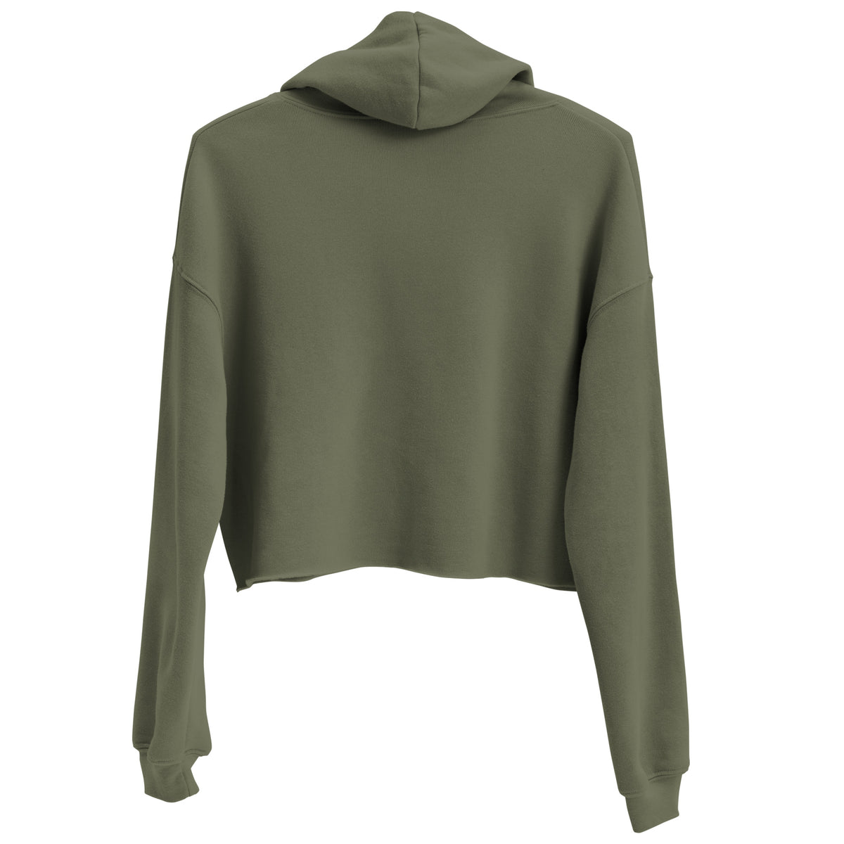 Vue de dos du hoodie court pour femme EAK, coloris vert militaire, montrant la capuche et le bas raccourci du sweat.