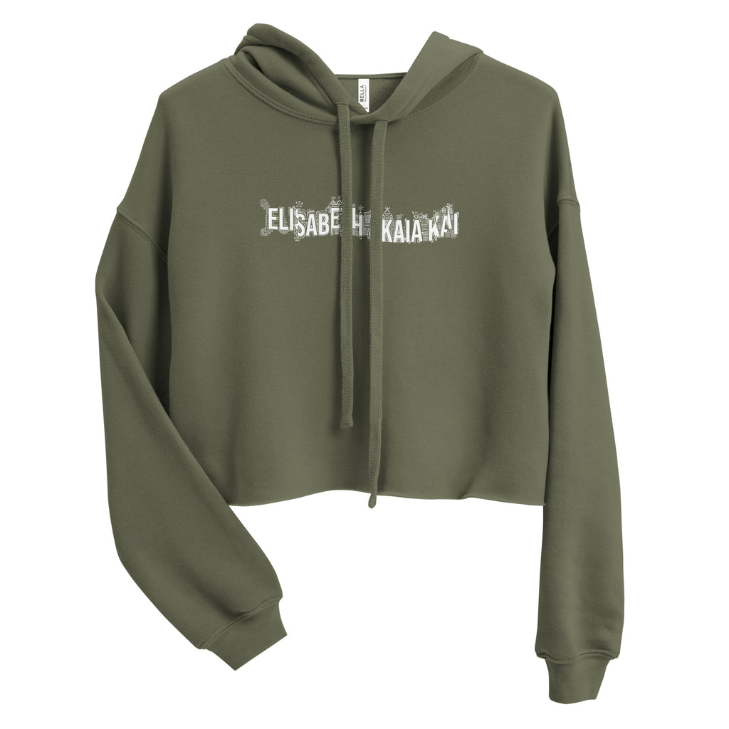 Vue de face du sweat à capuche court EAK pour femme, coloris vert militaire, avec épaules tombantes, cordons assortis et coupe crop.