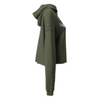 Vue de profil droit du sweat crop à capuche EAK pour femme, coloris vert militaire, mettant en valeur les manches longues et la coupe ample.