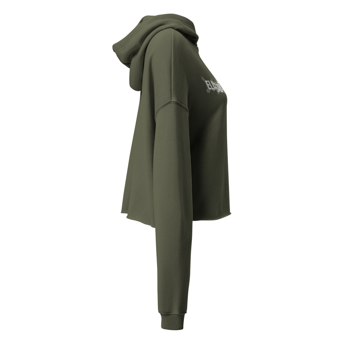Vue de profil droit du sweat crop à capuche EAK pour femme, coloris vert militaire, mettant en valeur les manches longues et la coupe ample.