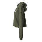 Vue de profil gauche du sweat court à capuche femme EAK, coloris vert militaire, avec épaules descendues et ourlet brut.
