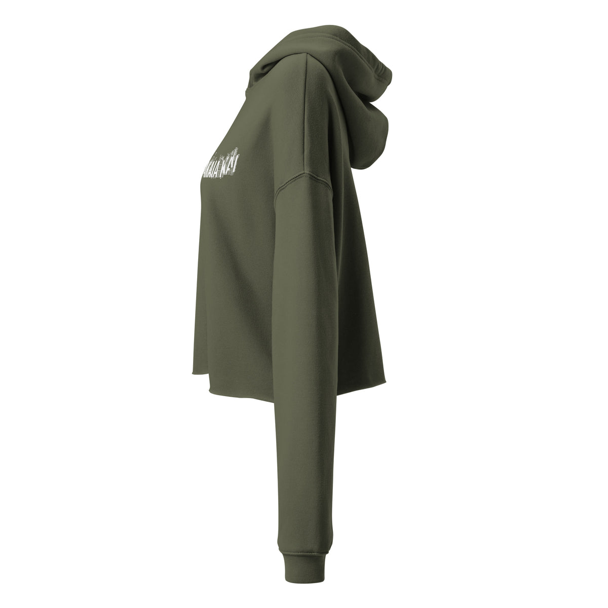 Vue de profil gauche du sweat court à capuche femme EAK, coloris vert militaire, avec épaules descendues et ourlet brut.