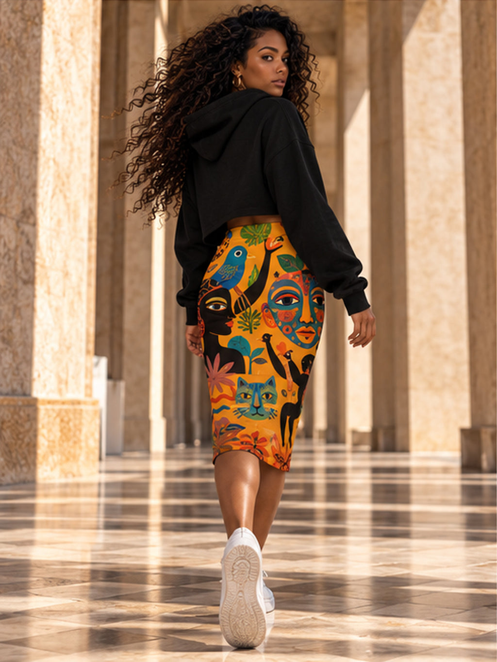 Tenue de créateur pour femme : sweat crop à capuche EAK noir et jupe crayon aux motifs colorés, portés par une mannequin dans un portrait éditorial.