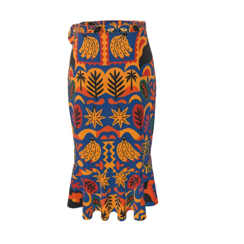 Jupe portefeuille Isla Sol signée Élisabeth Akaïa Kaï, en crêpe fluide imprimé, coupe bohème chic avec volants et ceinture nouée, disponible en version courte ou midi.