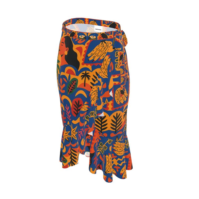 Jupe portefeuille Isla Sol signée Élisabeth Akaïa Kaï, en crêpe fluide imprimé, coupe bohème chic avec volants et ceinture nouée, disponible en version courte ou midi.