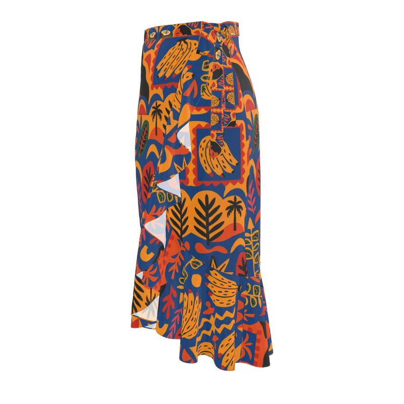 Jupe portefeuille Isla Sol signée Élisabeth Akaïa Kaï, en crêpe fluide imprimé, coupe bohème chic avec volants et ceinture nouée, disponible en version courte ou midi.
