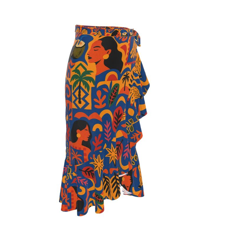 Jupe portefeuille Isla Sol signée Élisabeth Akaïa Kaï, en crêpe fluide imprimé, coupe bohème chic avec volants et ceinture nouée, disponible en version courte ou midi.