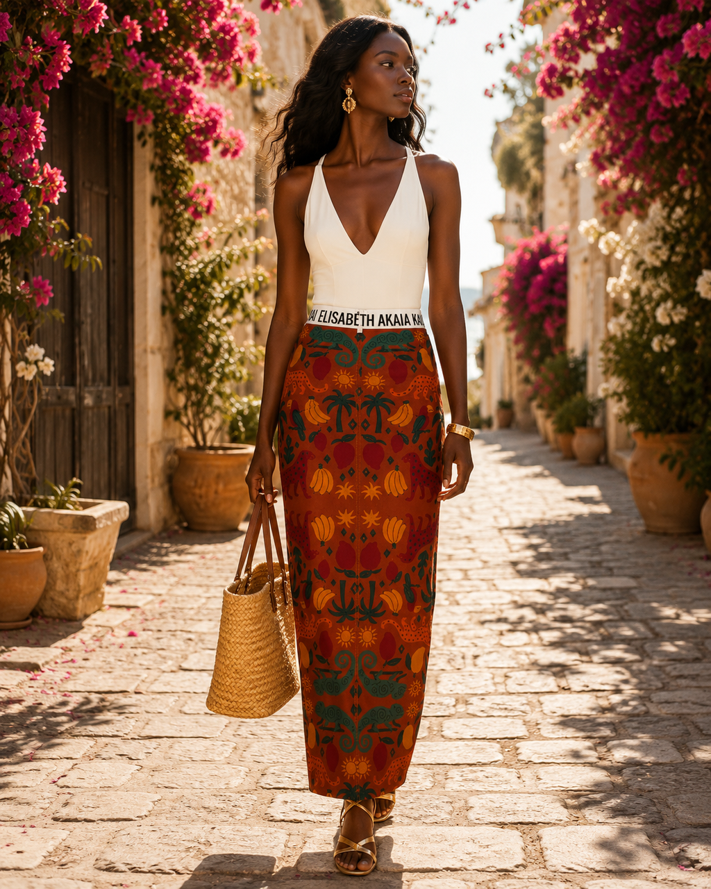 La jupe femme Élisabeth Akaïa Kaï prend vie dans une ruelle méditerranéenne baignée de lumière. Une création artistique aux motifs tropicaux, pensée pour une élégance estivale et un style afro-luxe contemporain.