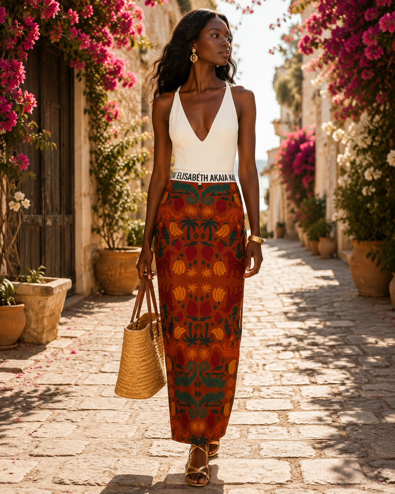 La jupe femme Élisabeth Akaïa Kaï prend vie dans une ruelle méditerranéenne baignée de lumière. Une création artistique aux motifs tropicaux, pensée pour une élégance estivale et un style afro-luxe contemporain.