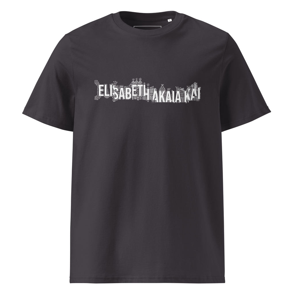 Vue de face du t-shirt KAÏ anthracite pour homme : col rond, manches courtes et signature graphique blanche de la Maison sur la poitrine.