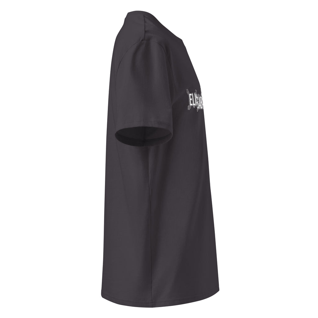 Profil droit du t-shirt KAÏ anthracite pour homme, avec aperçu de son motif blanc sur la poitrine.