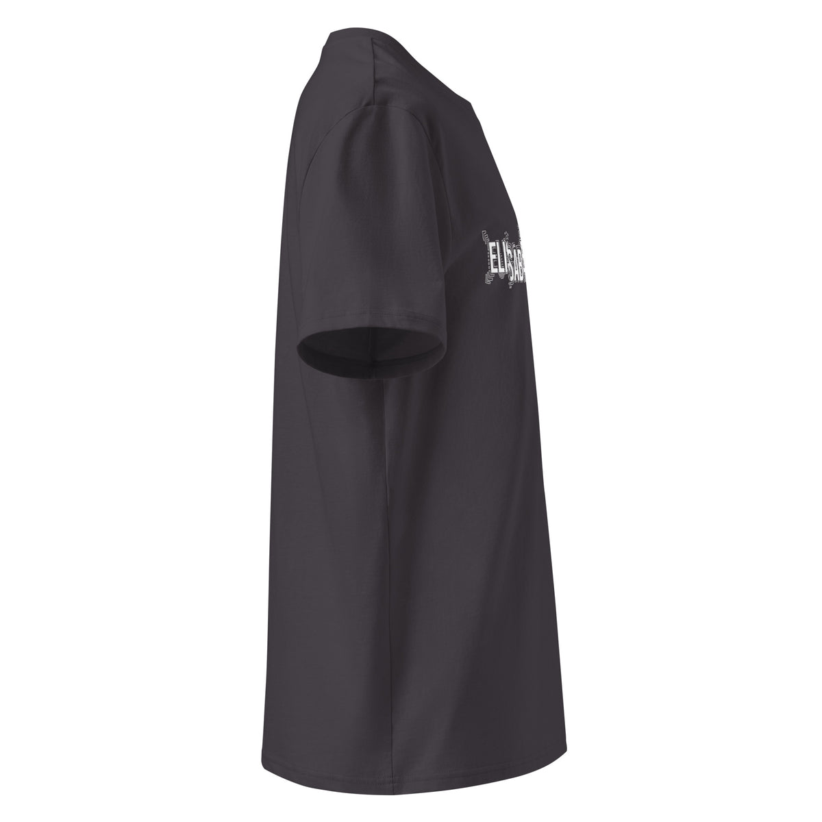 Profil droit du t-shirt KAÏ anthracite pour homme, avec aperçu de son motif blanc sur la poitrine.