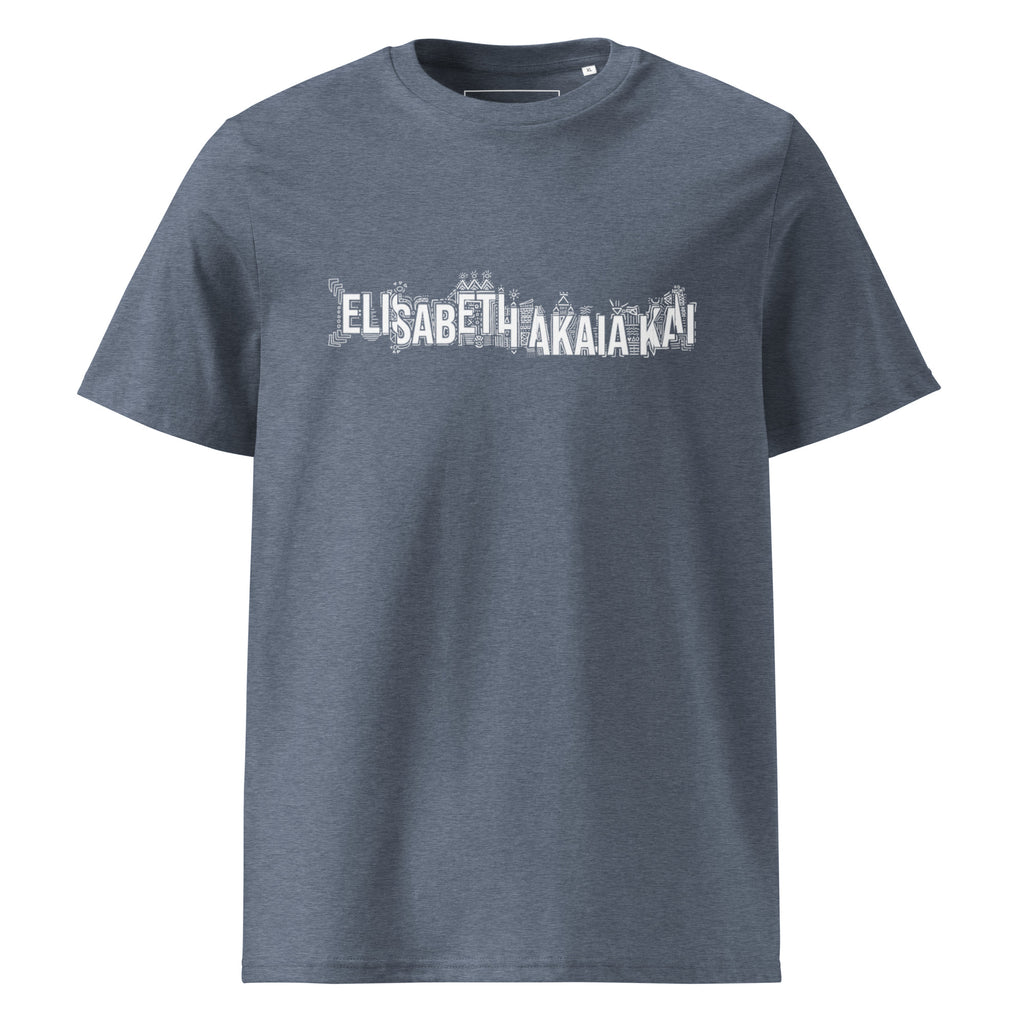 Vue de face du t-shirt KAÏ bleu chiné pour homme : col rond, manches courtes et signature graphique blanche de la Maison sur la poitrine.