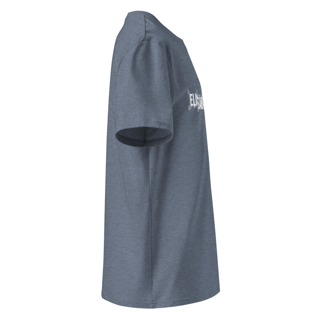 Profil droit du t-shirt KAÏ bleu chiné pour homme, avec aperçu de son motif blanc sur la poitrine.