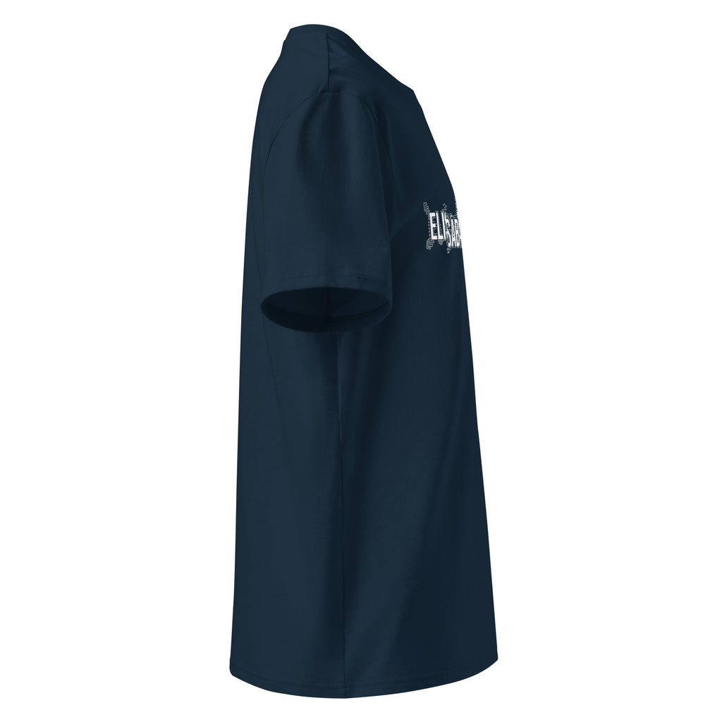 Profil droit du t-shirt KAÏ bleu marine pour homme, avec aperçu de son motif blanc sur la poitrine.