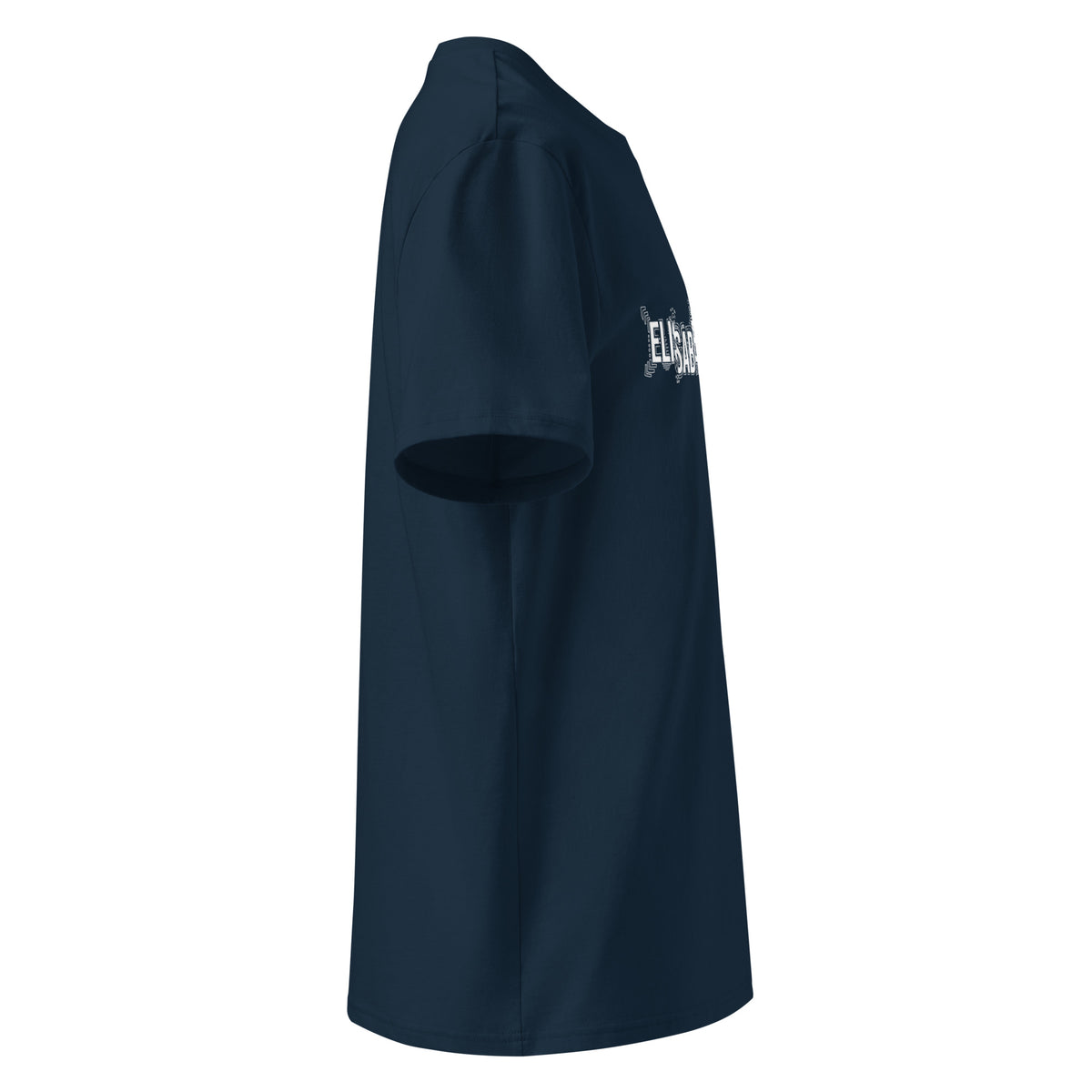 Profil droit du t-shirt KAÏ bleu marine pour homme, avec aperçu de son motif blanc sur la poitrine.