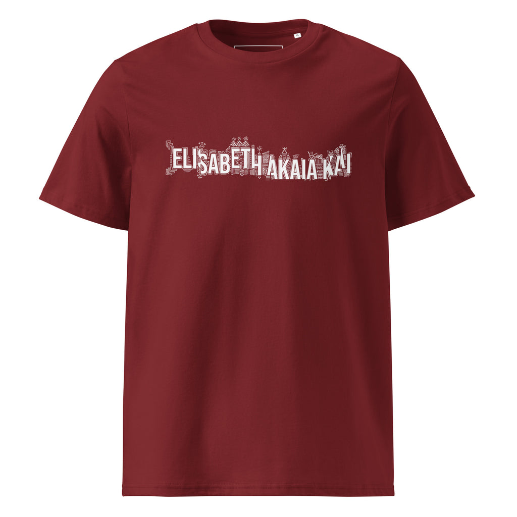 Vue de face du t-shirt KAÏ bordeaux pour homme : col rond, manches courtes et signature graphique blanche de la Maison sur la poitrine.
