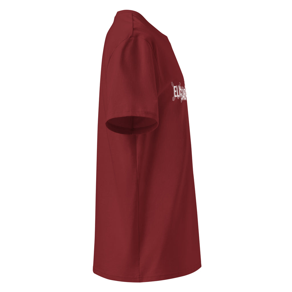 Profil droit du t-shirt KAÏ bordeaux pour homme, avec aperçu de son motif blanc sur la poitrine.