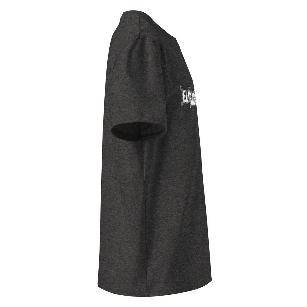 Profil droit du t-shirt KAÏ gris foncé chiné pour homme, avec aperçu de son motif blanc sur la poitrine.