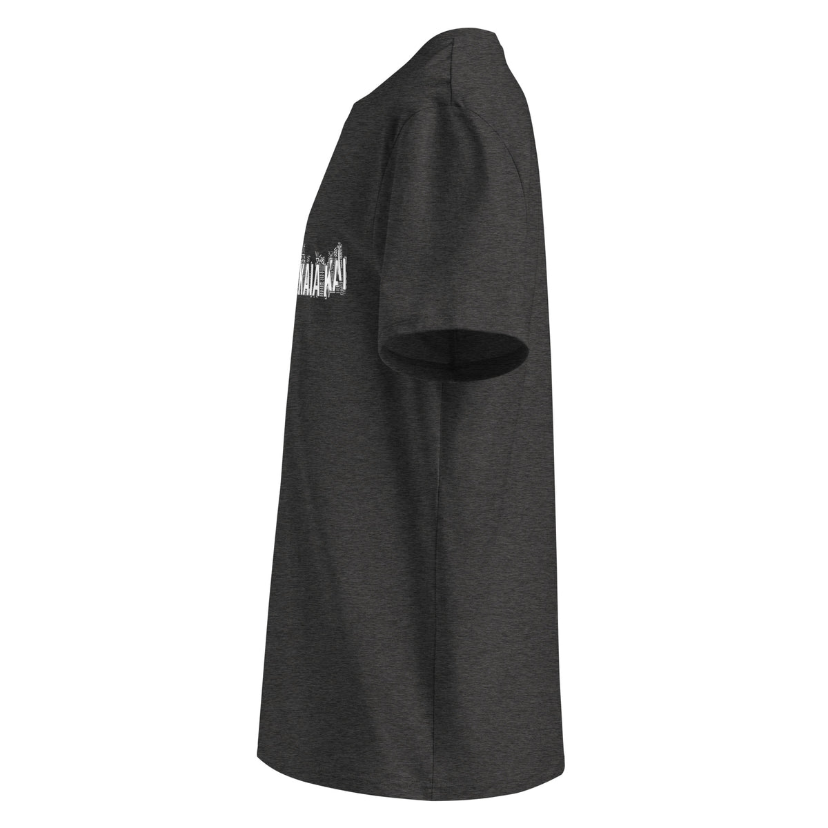 Profil gauche du t-shirt KAÏ gris foncé chiné pour homme, montrant la coupe droite et les manches courtes.