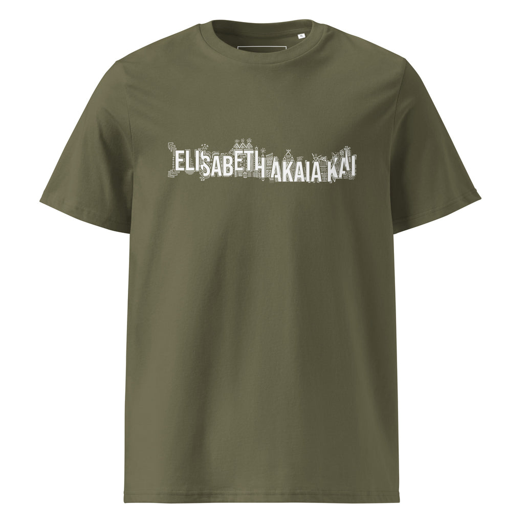 Vue de face du t-shirt KAÏ kaki pour homme : col rond, manches courtes et signature graphique blanche de la Maison sur la poitrine.