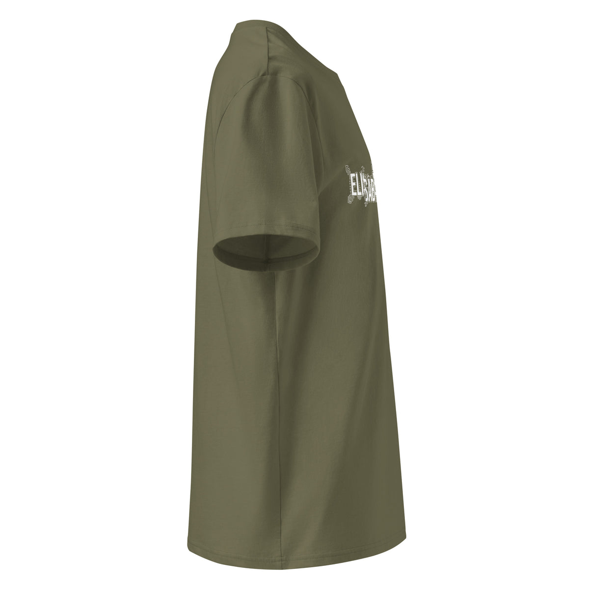 Profil droit du t-shirt KAÏ kaki pour homme, avec aperçu de son motif blanc sur la poitrine.
