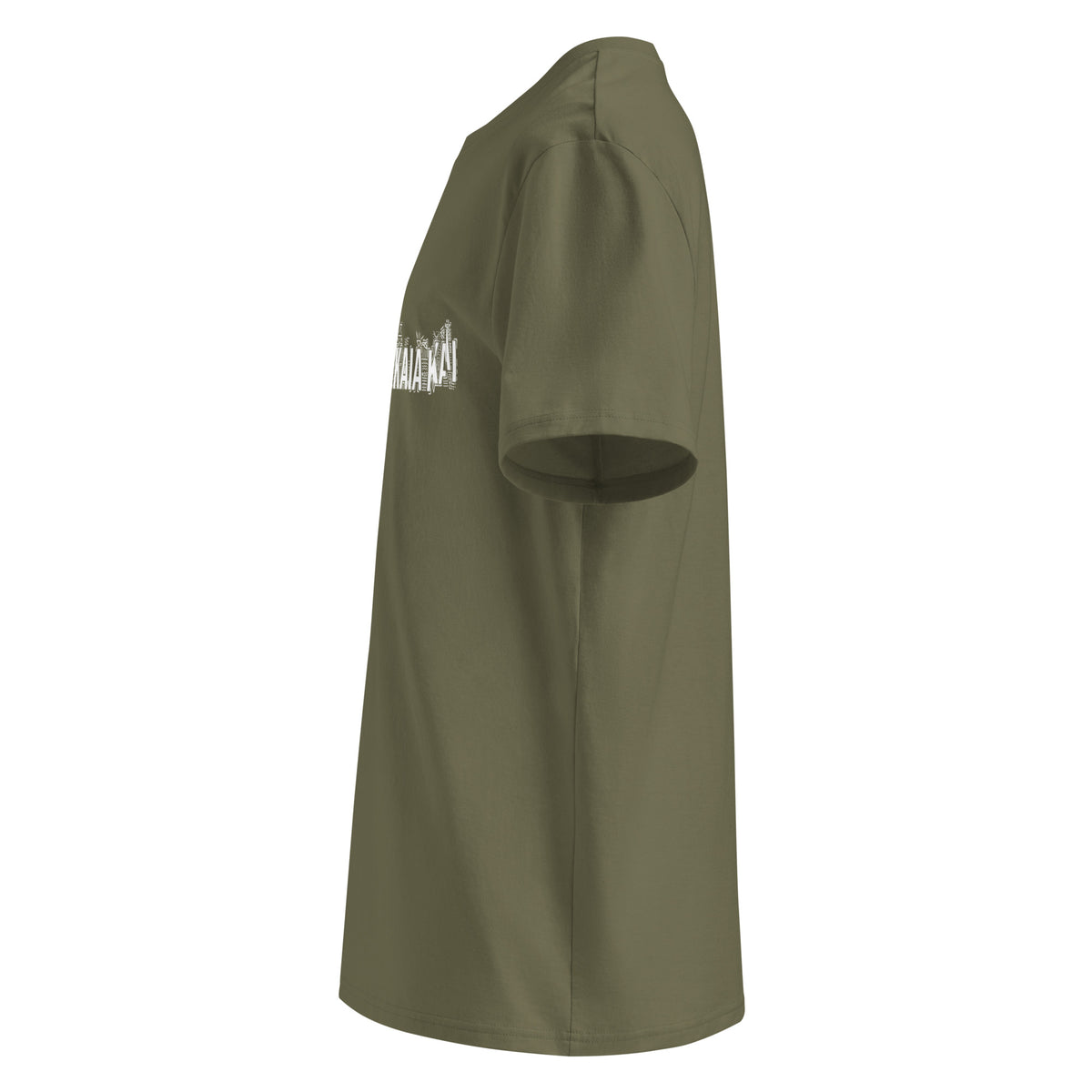 Profil gauche du t-shirt KAÏ kaki pour homme, montrant la coupe droite et les manches courtes.