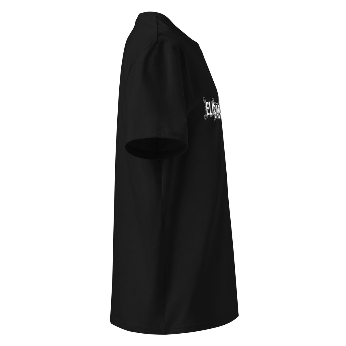 Profil droit du t-shirt KAÏ noir pour homme, avec aperçu de son motif blanc sur la poitrine.
